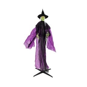 Bruja de Pie Altura 220 cm Movimiento de Brazo Ajustable Activación por Batería Tela No Tejida Base Resistente Decoración Halloween Morado