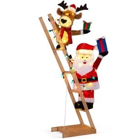 Reno Iluminado y Papá Noel en Escalera 3D Preiluminada con 100 LED para Interior y Exterior con Bridas y Estacas 166cm