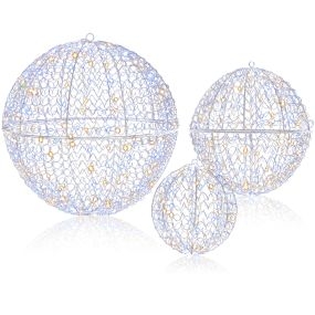 Set de 3 Esferas LED Navideñas con 8 Modos y 3 Colores de Luz para Colgar o Colocar con Adaptador de Red