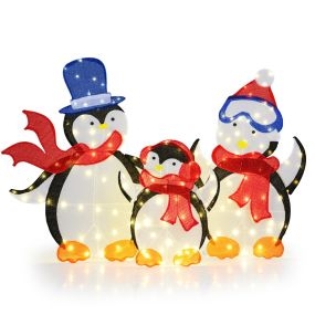 Decoración Navideña Familiar con Pingüinos Iluminados Juego de 3 Piezas de Pingüinos 2D con 160 Luces LED Decoración Navideña Multicolor