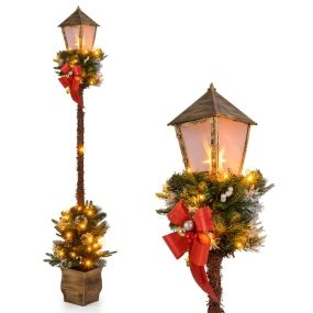 187 cm Farola Preiluminada Poste de Navidad con Luces LED Vegetación Artificial Puntas de Ramas con Bloqueo de Nieve Bayas Blancas Verde