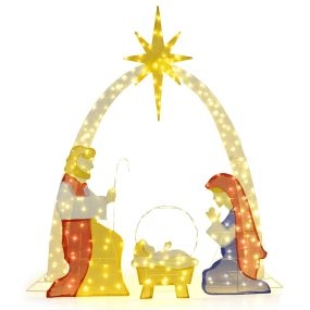 180 cm Belén Iluminado Decoración de Patio de la Sagrada Familia Preiluminada con 240 Luces LED Blanco Cálido Set de Belén Multicolor