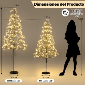 Árbol Alpino Iluminado de 1,2M con 800 Luces LED Blancas Cálidas Árbol Artificial de Cedro Preiluminado con Base Pesada Decoración Negro