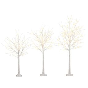 Juego de 3 Árboles de Abedul Iluminados Árboles de Navidad Artificiales Premontados de 120/150/180 cm con 216 Luces LED Blanco