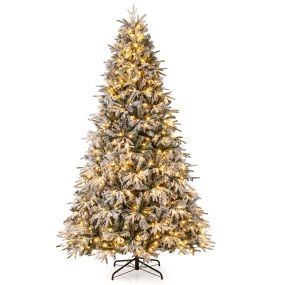Árbol de Navidad Flocado 270 cm con 600 Luces LED Cálidas Fácil de Montar Resistente para Decoración de Interiores Verde y Blanco