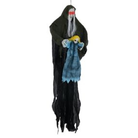 Bruja Colgante Altura 210 cm Activación por Botón Ojos con Luz Roja Muñeca en Mano Tela No Tejida Fácil de Colgar Halloween Negro
