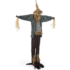 Espantapájaros de Pie Altura 210 cm Activación por Botón Ojos con Luz Roja Movimiento de Sombrero Decoración de Halloween Gris y Marrón