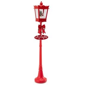 Farola Musical Navideña Poste de Lámpara de Navidad con Luces LED Blancas Cálidas Efectos de Nieve Escena de Santa Base Rellenable Rojo