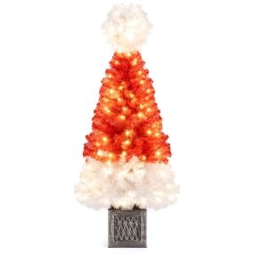Árbol de Navidad Artificial 120 cm con Maceta Luces LED Integradas 300 Ramas para Decoración Interior Hogar y Fiestas Blanco y Rojo
