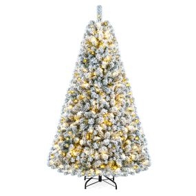 Árbol de Navidad Artificial con Efecto Nevado 230 Luces LED 928 Ramas Montaje Rápido Base Firme Diseño Denso 104 x 183 cm Blanco y Verde