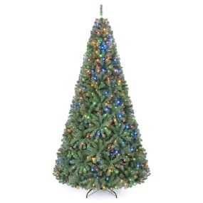 Árbol de Navidad Artificial 251 cm con Luces LED Doble Color Ramaje Denso Montaje Sencillo Base Plegable Resistente y Duradero Verde