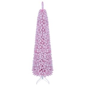 Árbol de Navidad Artificial de 180 cm Tipo Lápiz con Luces LED 140L 8 Funciones Rama Recubierta de Nieve para Decoración Interior Rosa