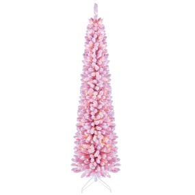Altura 210 cm Árbol de Navidad Artificial Tipo Lápiz con Nieve y Luces LED Blanco Cálido 8 Modos Decoración Bonita para Interior Rosa