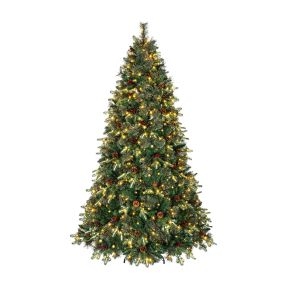 Altura 210 cm Árbol de Navidad de PE PVC con 450 Luces Bicolor Piñas y Bayas Rojas 1198 Ramas Base Metálica Reforzada para Interior Verde