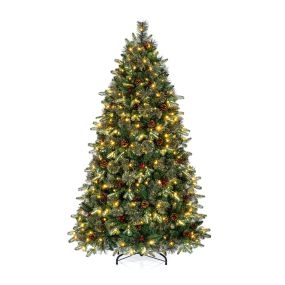 Árbol de Navidad Artificial 180 cm con 280 Luces LED Bicolor 10 Modos Piñas y Bayas Rojas Ramas Densas PE y PVC Base Estable Verde