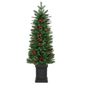 Árbol de Navidad de 120 cm con 376 Ramas Frondosas Base Cuadrada 100 Luces LED Luz Cálida Bayas Rojas y Piñas entre Hojas Verdes Verde