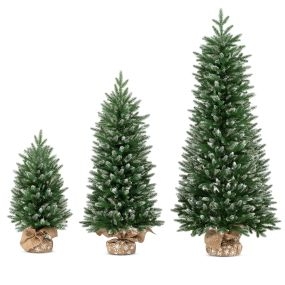 Juego de 3 Árboles de Navidad Flocados Blancos de 124/94/62 cm Base Redonda con Lino Nieve Artificial Fina Cubierta Estable Verde