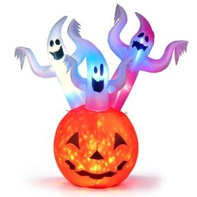 Decoración Hinchable de Halloween Calabaza Fantasma Luces LED Cuerdas Estacas Sacos de Arena para Jardín 177 x 85 x 185 cm Blanco y Naranja