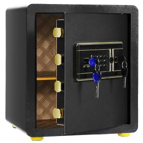 Caja fuerte electrónica de acero con teclado numérico, llave y alarma, negra, 36 x 31 x 41 cm