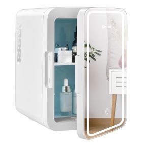 Mini Nevera Portátil 10 L AC/DC para Cosméticos con Espejo LED para Maquillaje Nevera Termostática y Calentamiento Compacto Blanco