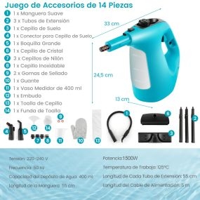 Limpiador a vapor portátil presurizado 1500W vapor continuo tanque 400 ml bloqueo infantil azul kit de accesorios