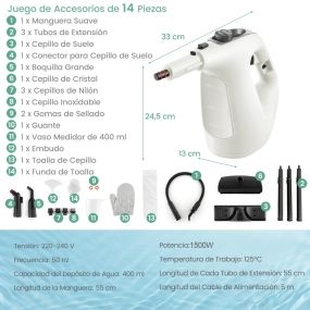 Limpiador a vapor portátil presurizado 1500W vapor continuo tanque 400 ml bloqueo infantil gris kit accesorios
