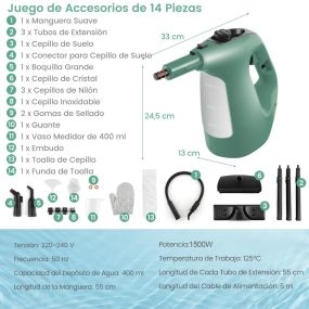 Limpiador a vapor portátil presurizado 1500W vapor continuo tanque 400 ml bloqueo infantil verde kit de accesorios
