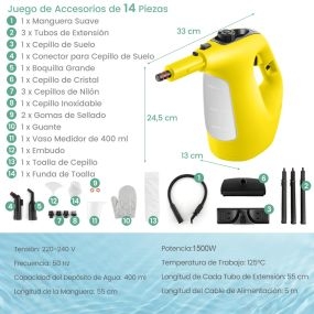 Limpiador a vapor portátil presurizado 1500W vapor continuo tanque 400 ml bloqueo infantil amarillo