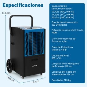 Deshumidificador comercial 66 L/día para sótano con bomba, manguera de drenaje y temporizador 24 h azul