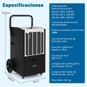 Deshumidificador comercial 66 L/día para sótano con bomba, manguera de drenaje y temporizador 24 h blanco