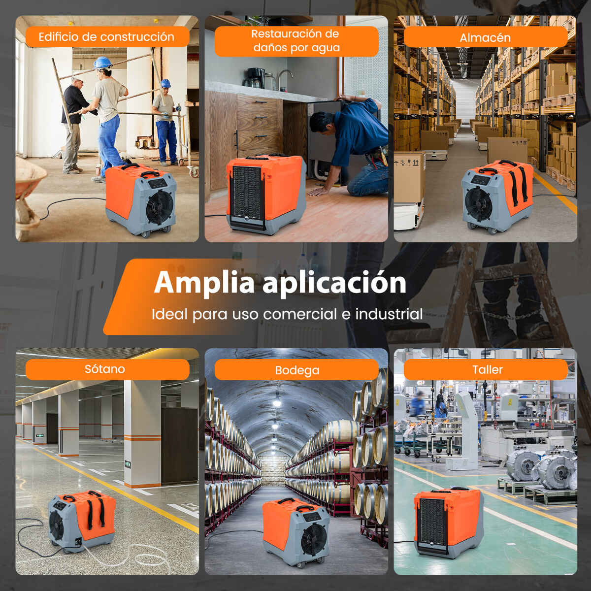 Deshumidificador comercial 85 L/día con bomba, manguera de drenaje, descongelación automática, 2 ruedas, naranja