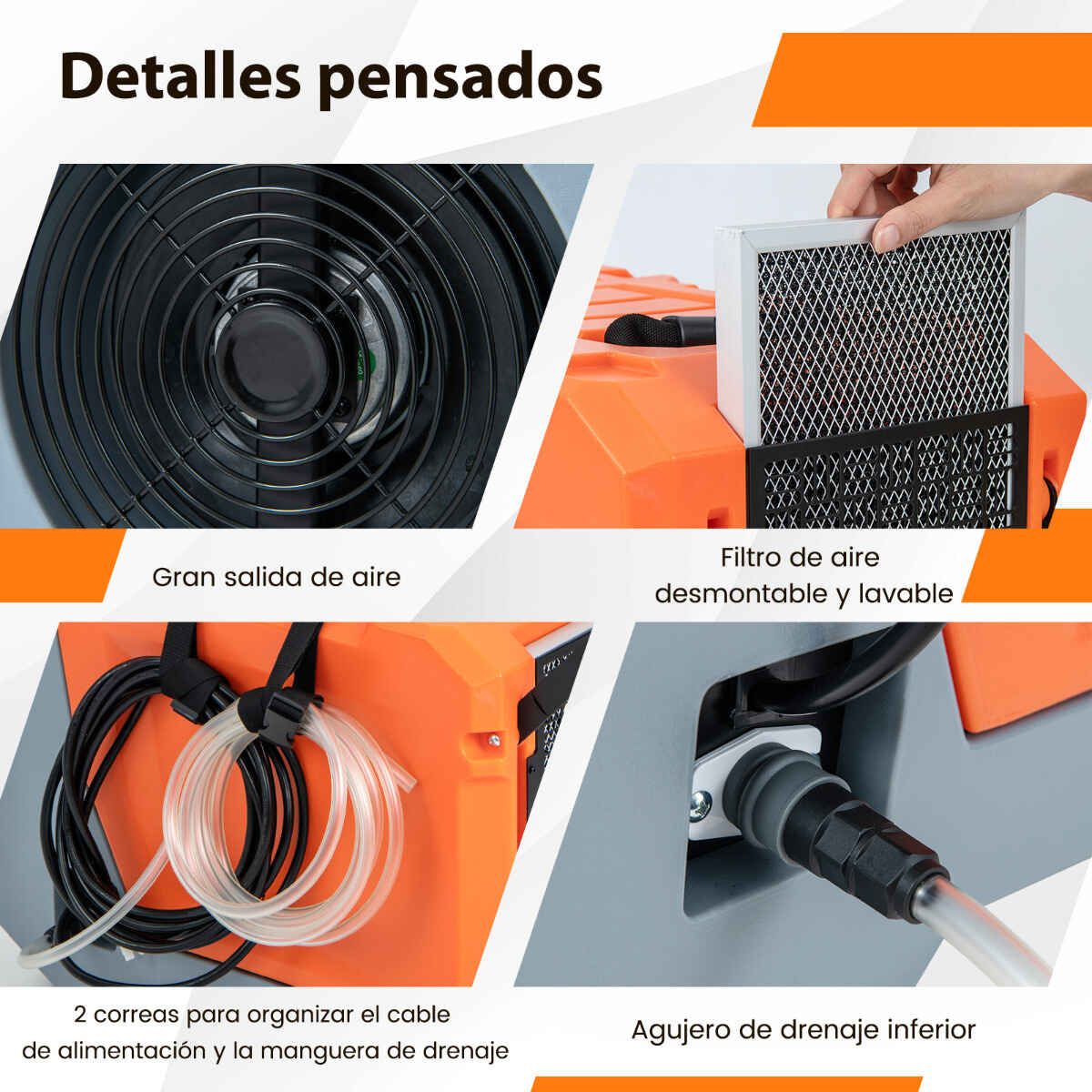 Deshumidificador comercial 85 L/día con bomba, manguera de drenaje, descongelación automática, 2 ruedas, naranja