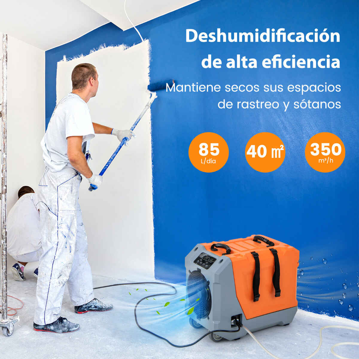 Deshumidificador comercial 85 L/día con bomba, manguera de drenaje, descongelación automática, 2 ruedas, naranja