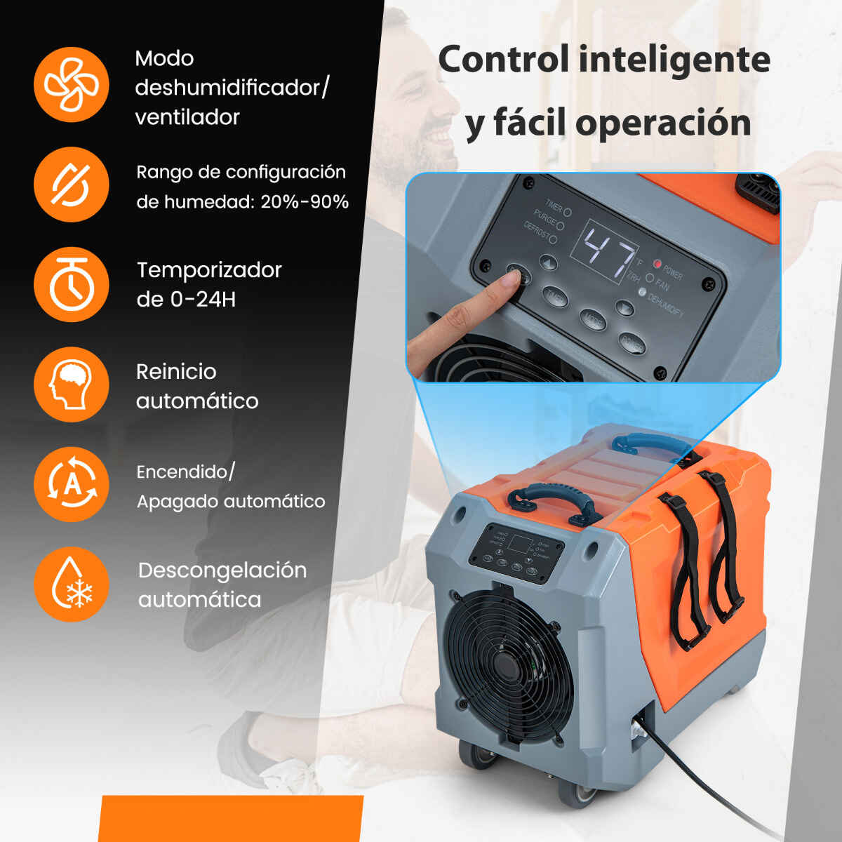 Deshumidificador comercial 85 L/día con bomba, manguera de drenaje, descongelación automática, 2 ruedas, naranja