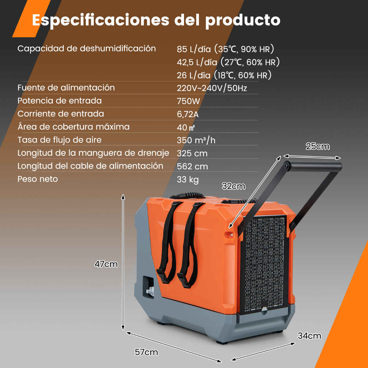Deshumidificador comercial 85 L/día con bomba, manguera de drenaje, descongelación automática, 2 ruedas, naranja