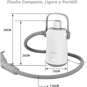 Máquina de limpieza de vapor portátil 1000 W con tanque de 300 ml, manguera extendida y cable largo, gris