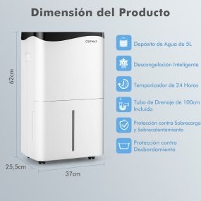 Deshumidificador móvil 50L/día con WiFi, depósito 5L, pantalla LED, 4 modos, 24h, blanco