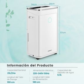 Deshumidificador portátil 25 L para 30 m2, 2 modalidades, 2 velocidades, temporizador 24 h, blanco