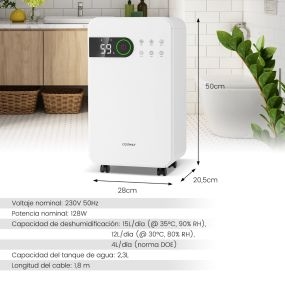 Deshumidificador de aire portátil silencioso 15 L con temporizador modo sueño LED blanco 28 x 20,5 x 50 cm