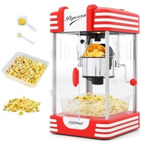 Máquina de palomitas antigua 300W eléctrica de sobremesa con luz halógena y olla de acero inoxidable roja