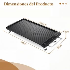 Parrilla eléctrica 1300W con panel táctil, temperatura ajustable, placa antiadherente extraíble, asas frías y patas plegables para hogar y picnic