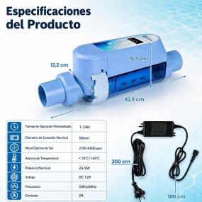 Clorador de sal para piscinas hasta 18 m³ con app, ajuste 5 niveles, función boost y alarma de temperatura, 26,5W, 42,5 x 12,2 x 15,3 cm, azul