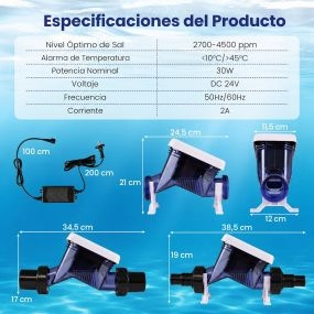 Clorador de sal para piscinas domésticas con autolimpieza y modos ajustables púrpura 30W 34,5 x 12 x 17 cm