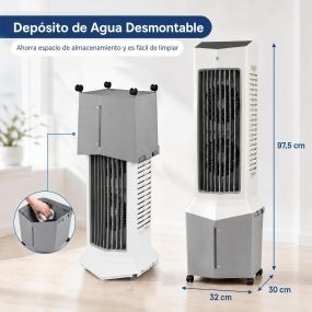 Enfriador de aire evaporativo portátil 3 en 1 12L con mando, temporizador 8h, 40W, ruedas, blanco y gris