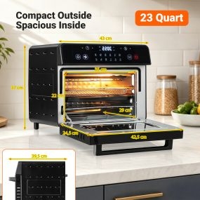 Horno Freidora de Aire de 22L con Control de Temperatura y Accesorios Completos Vidrio Templado Seguro para Cocinar 43 x 39,5 x 37 cm Negro