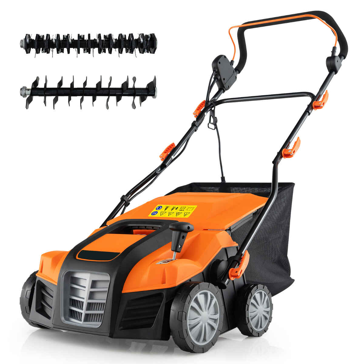 Desmalezador Plegable Eléctrico de 41 cm 2 en 1 de 15 A con Ajuste de Altura y de Profundidad con Bolsa Recolectora de 55 L Naranja