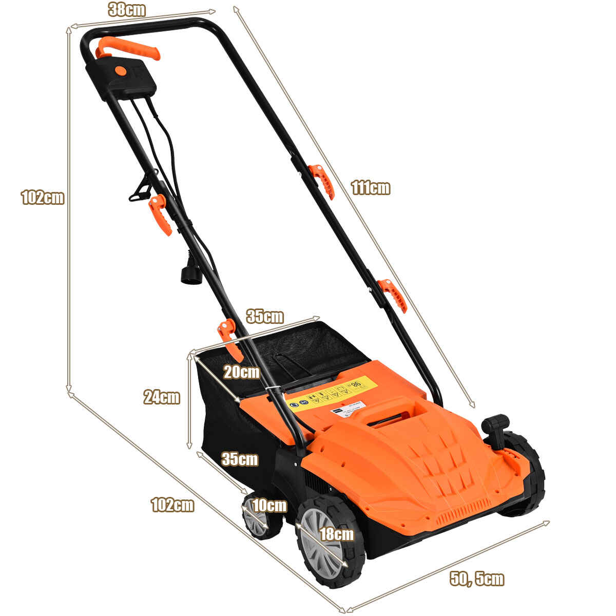 Escarificador Eléctrico 2 en 1 con Cable de 12 Amperios Capacidad de Bolsa 40L Ajustable de 3 Posiciones y 2 Cuchillas Extraíbles Naranja