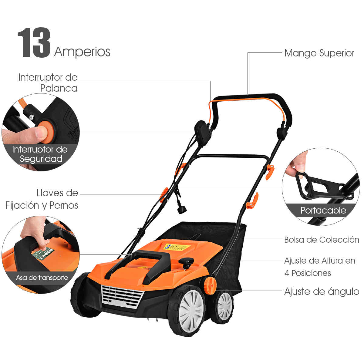 Escarificador Eléctrico 2 en 1 con Cable de 13 Amperios Capacidad de Bolsa 50L Ajustable de 4 Posiciones y 2 Cuchillas Extraíbles Naranja
