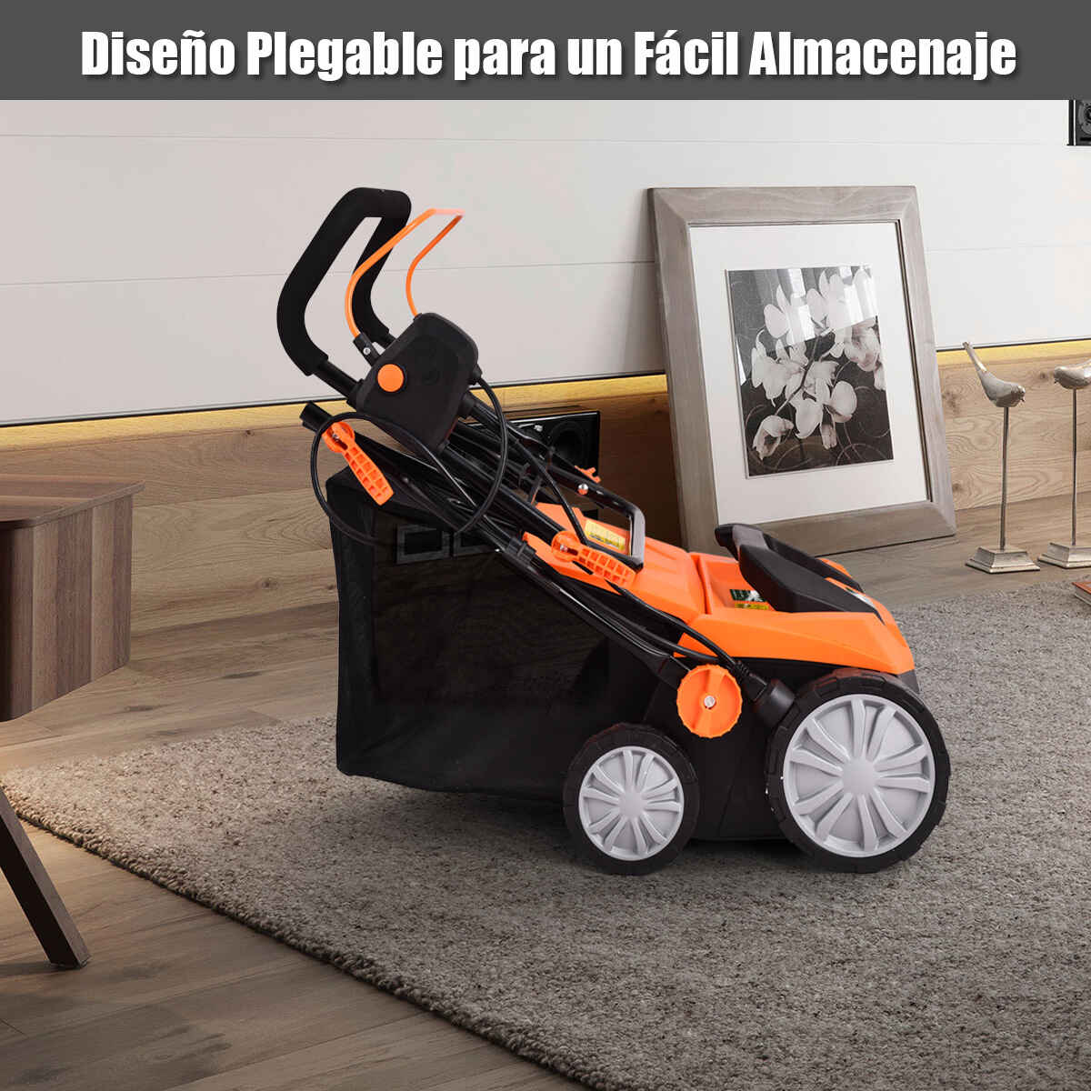 Escarificador Eléctrico 2 en 1 con Cable de 13 Amperios Capacidad de Bolsa 50L Ajustable de 4 Posiciones y 2 Cuchillas Extraíbles Naranja