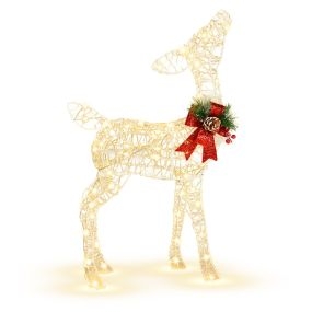 Reno de Navidad PreIluminado Pequeña con 50 Luces LED y 4 Estacas de Sujeción Decoración Festiva para Interiores y Exteriores Figuras Blanco
